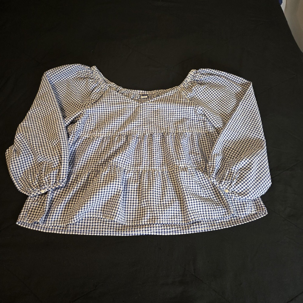 Old Navy Tiered Empire Blouse Womens L Blue Gingham Excellent LS Babydoll Top